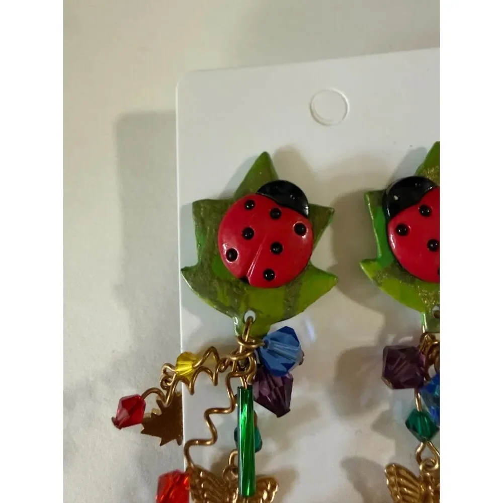 Vintage ladybug  earrings, beaded dangles, sun and butterfly charms